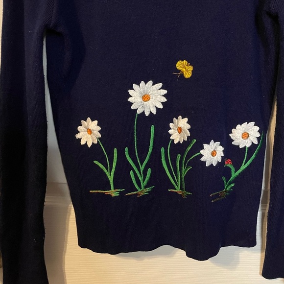 VTG LeRoy Knitwear v-neck blue sweater w/ daisies & butterfly embroidery sz S - Picture 7 of 9